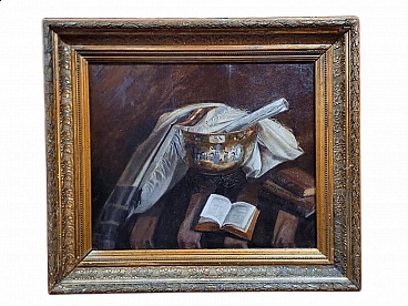 Natura morta con vaso cinese e libri, olio su tela, fine '800