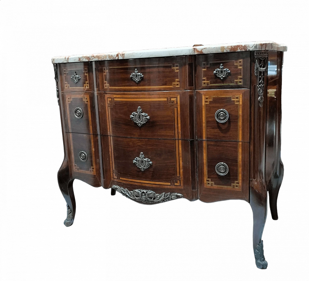Comò Napoleone III in mogano, ebano e bois de rose a tre cassetti, metà '800 13