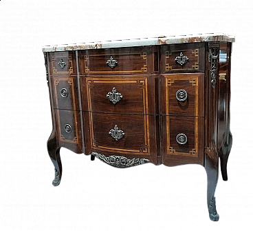 Comò Napoleone III in mogano, ebano e bois de rose a tre cassetti, metà '800