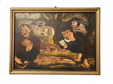 Giuseppe Serafini, Couple of friars on landscape with cathedral, oil on cardboard, 1970s