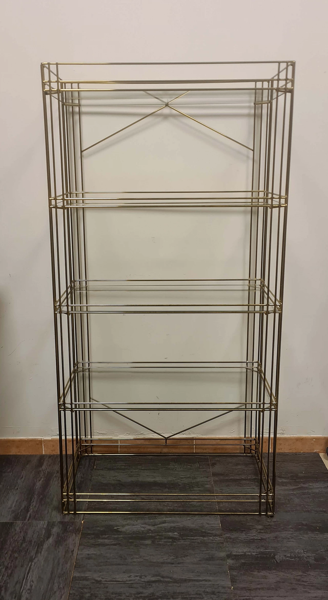 Brass bookcase with glass shelves, 1980s 1