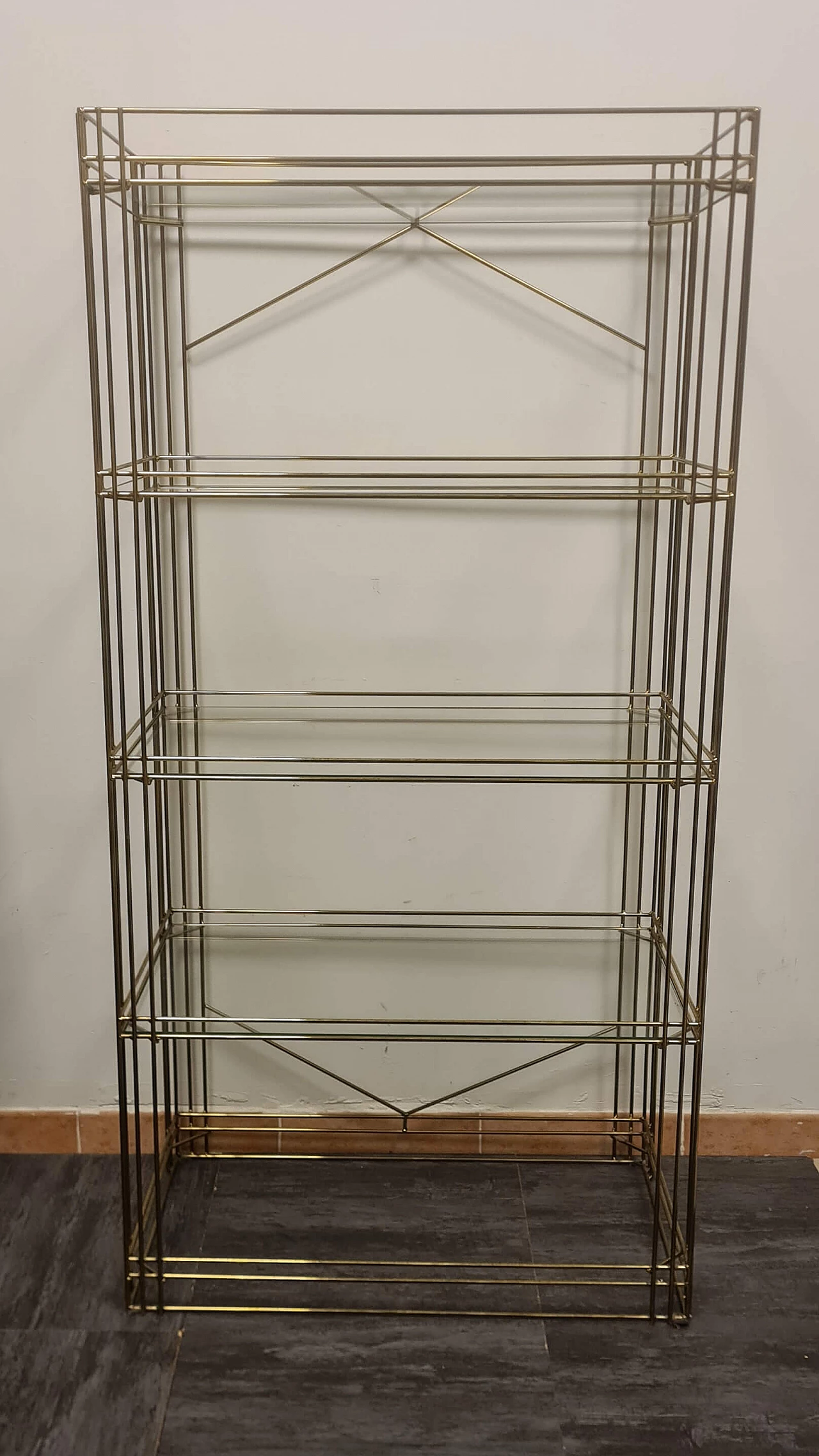 Brass bookcase with glass shelves, 1980s 2
