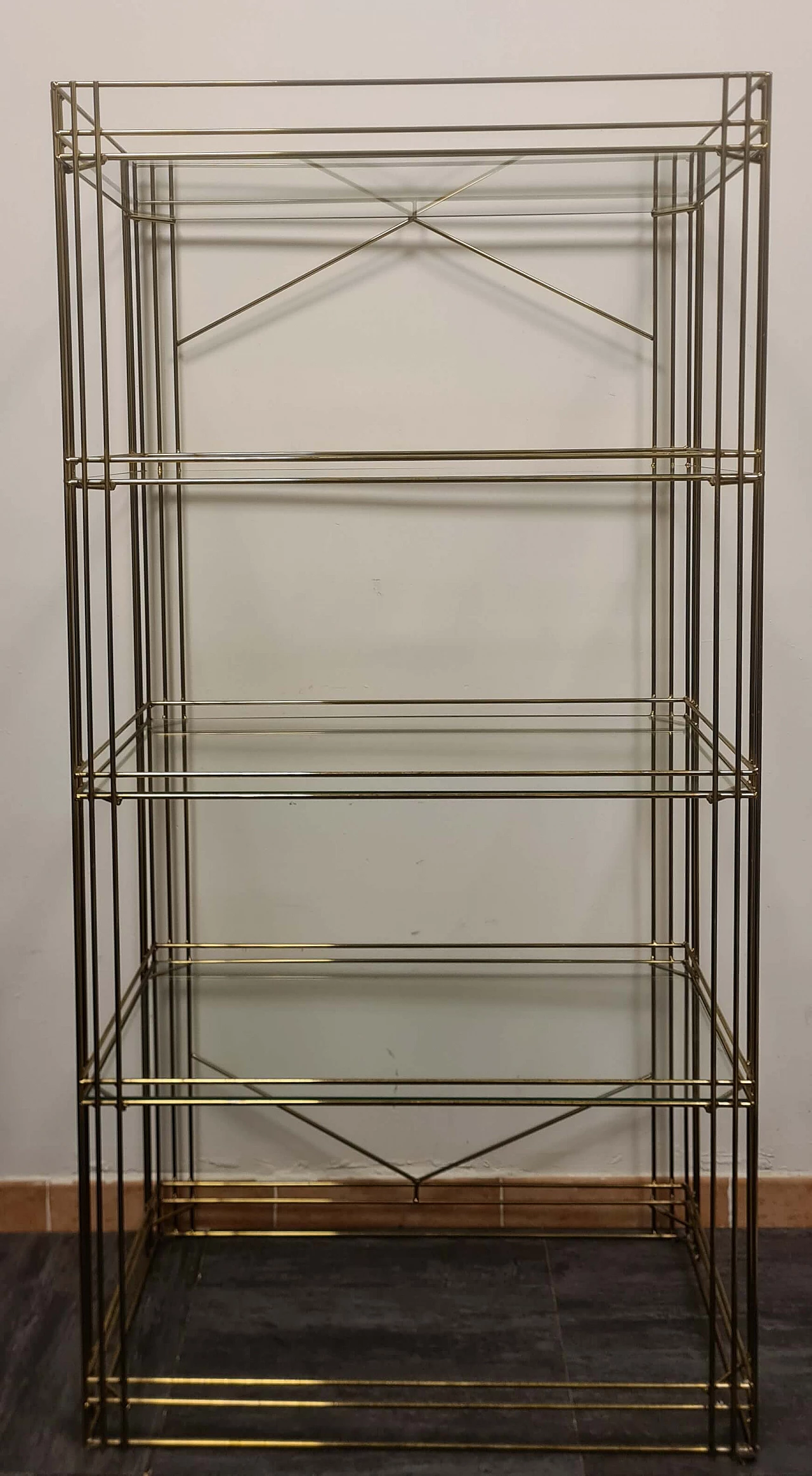 Brass bookcase with glass shelves, 1980s 3