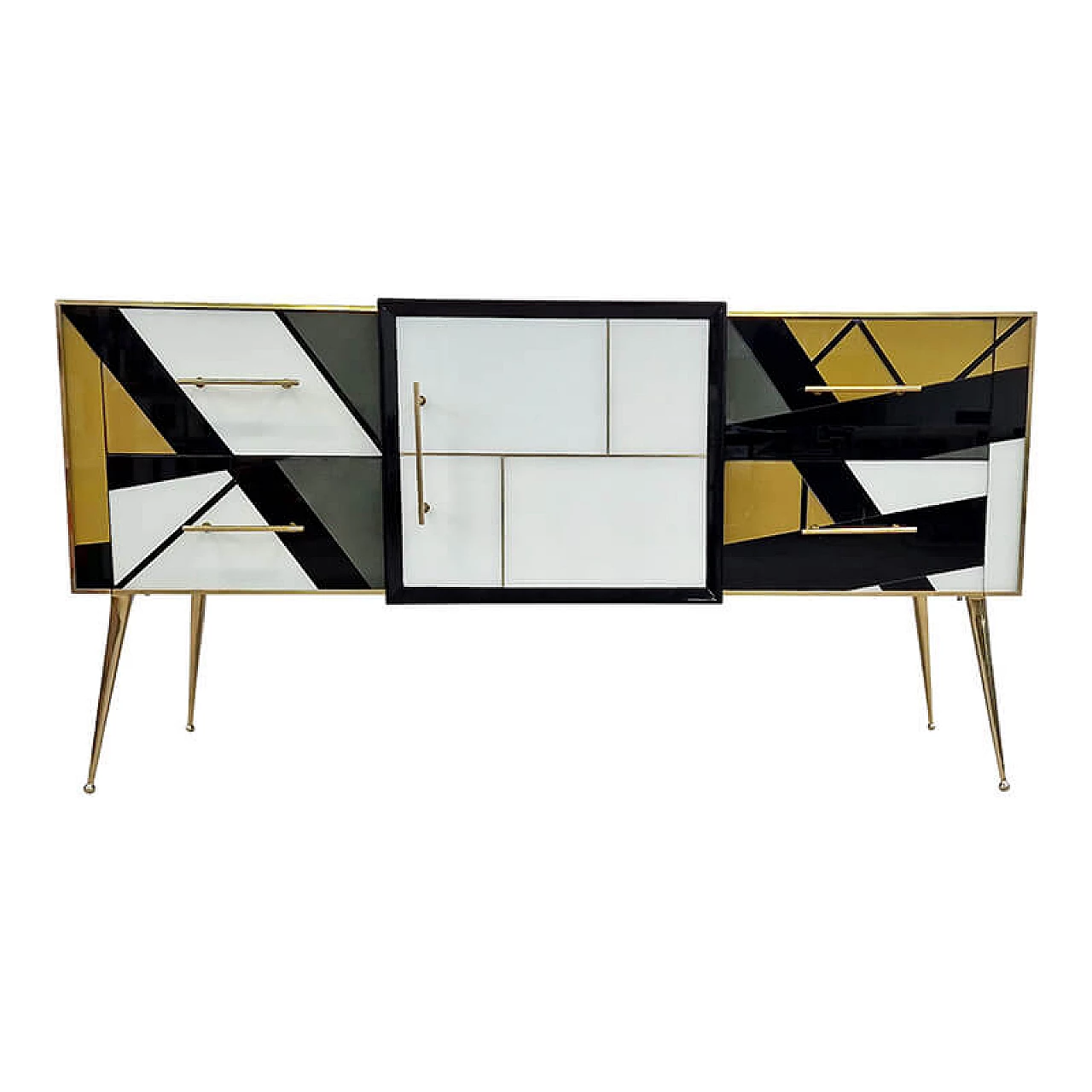 Credenza in legno, ottone e vetro di Murano multicolore, anni '80 1