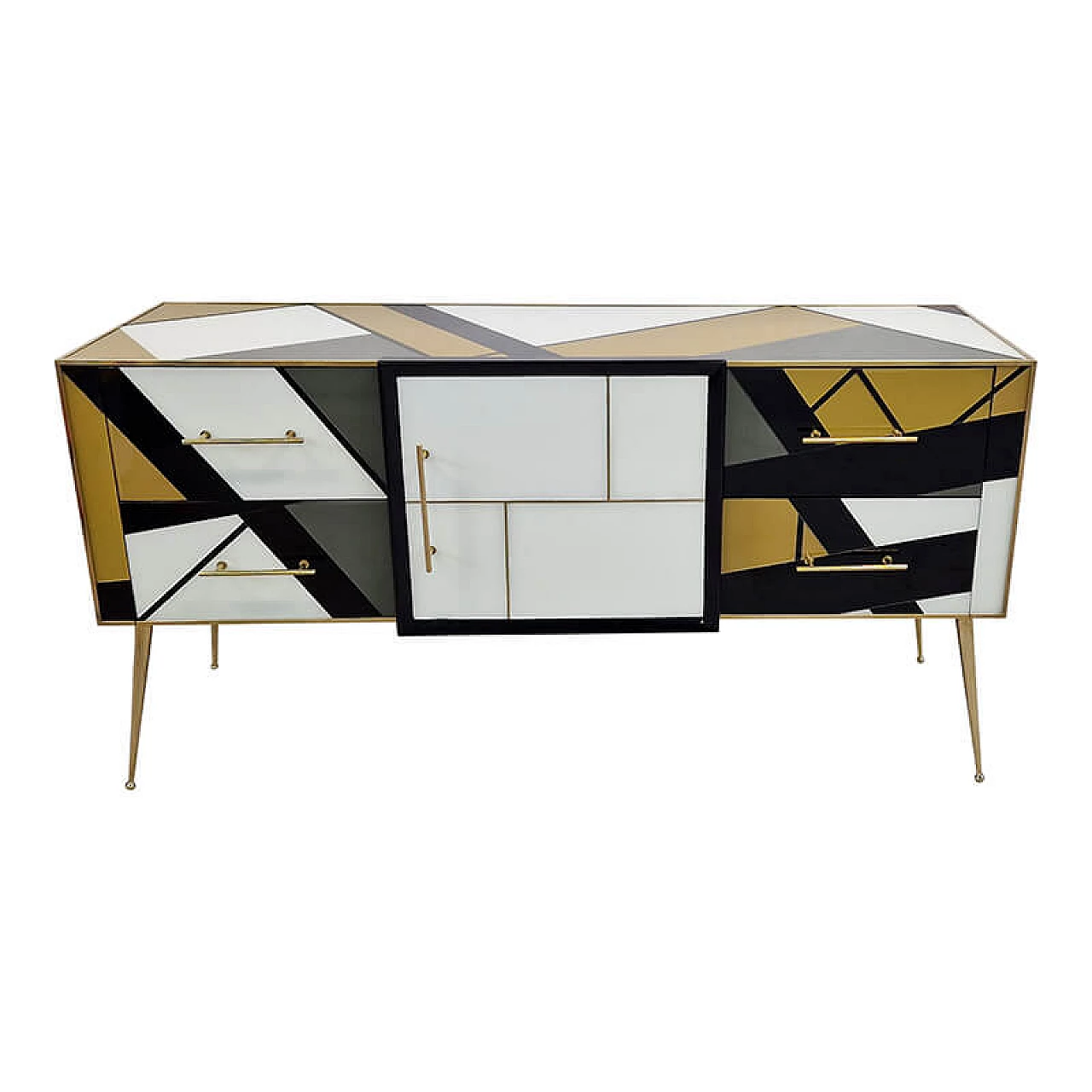 Credenza in legno, ottone e vetro di Murano multicolore, anni '80 2