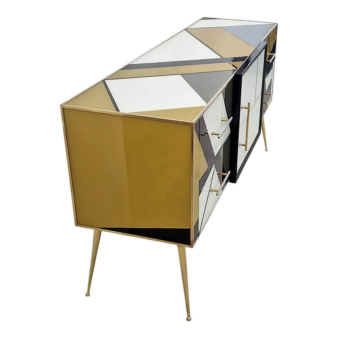 Credenza in legno, ottone e vetro di Murano multicolore, anni '80 3