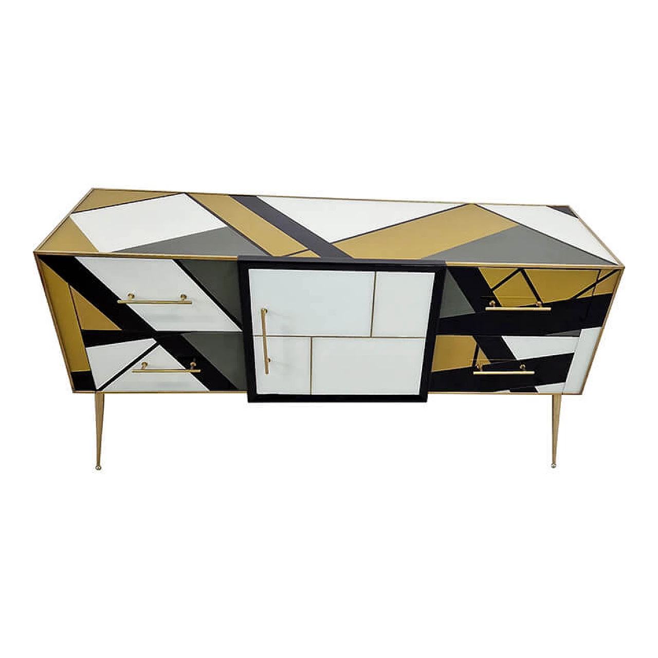 Credenza in legno, ottone e vetro di Murano multicolore, anni '80 4