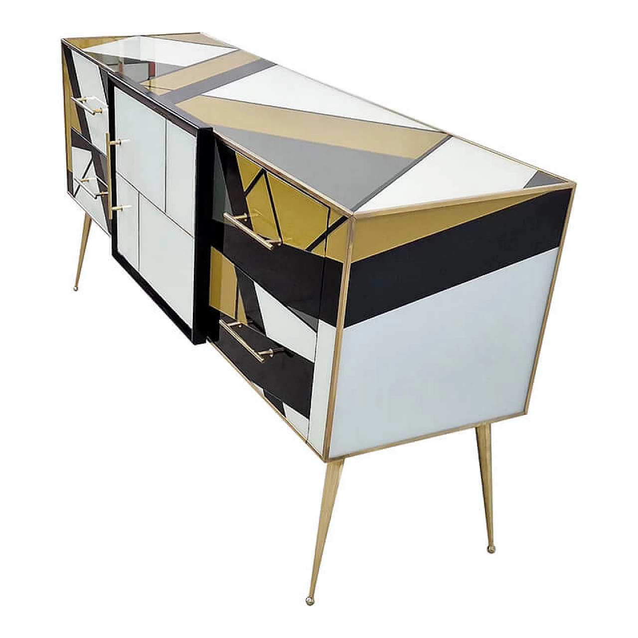 Credenza in legno, ottone e vetro di Murano multicolore, anni '80 5