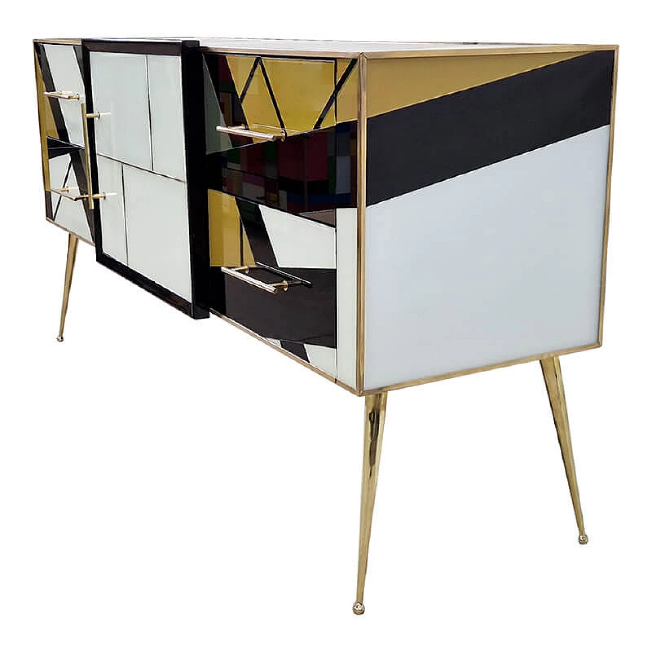 Credenza in legno, ottone e vetro di Murano multicolore, anni '80 6