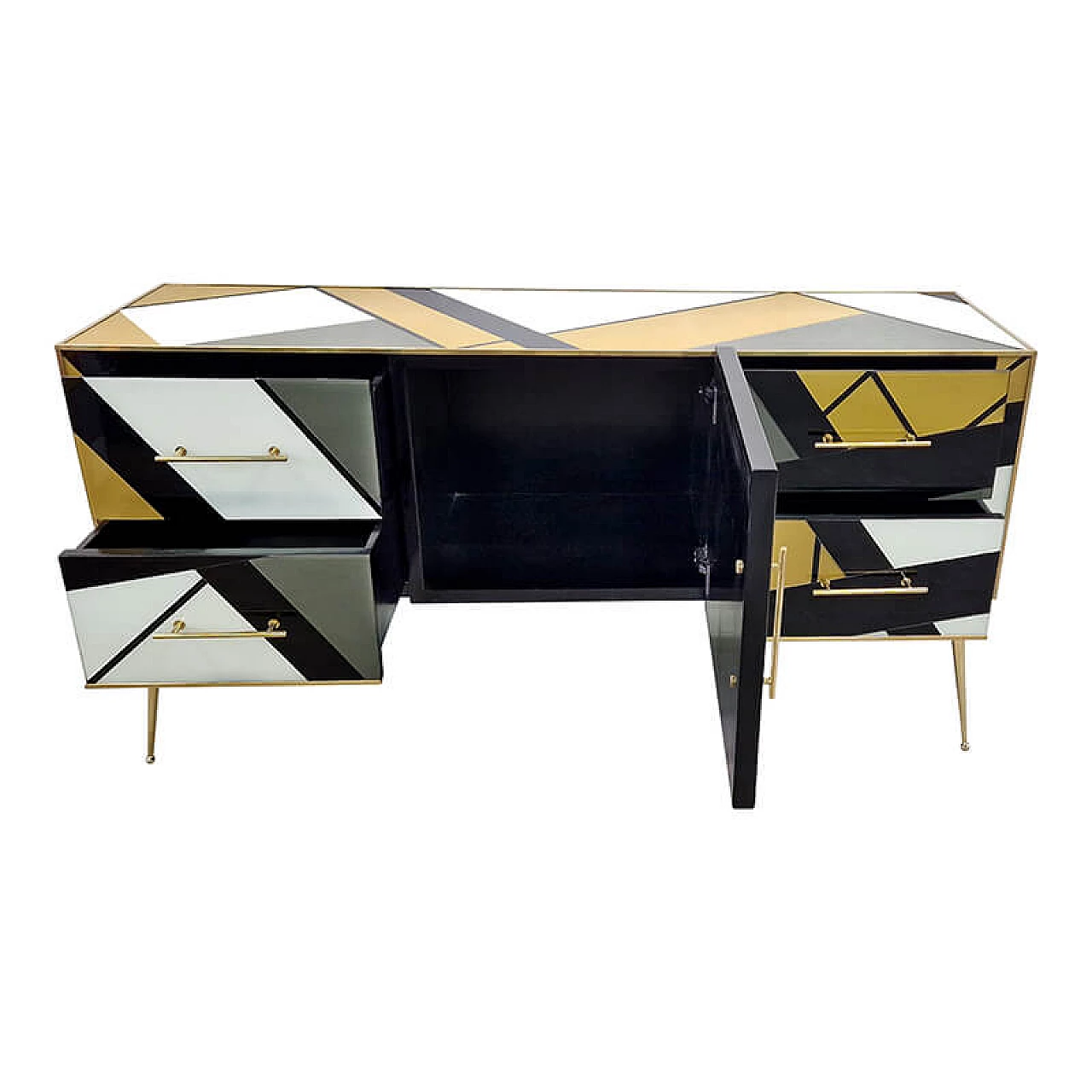 Credenza in legno, ottone e vetro di Murano multicolore, anni '80 7