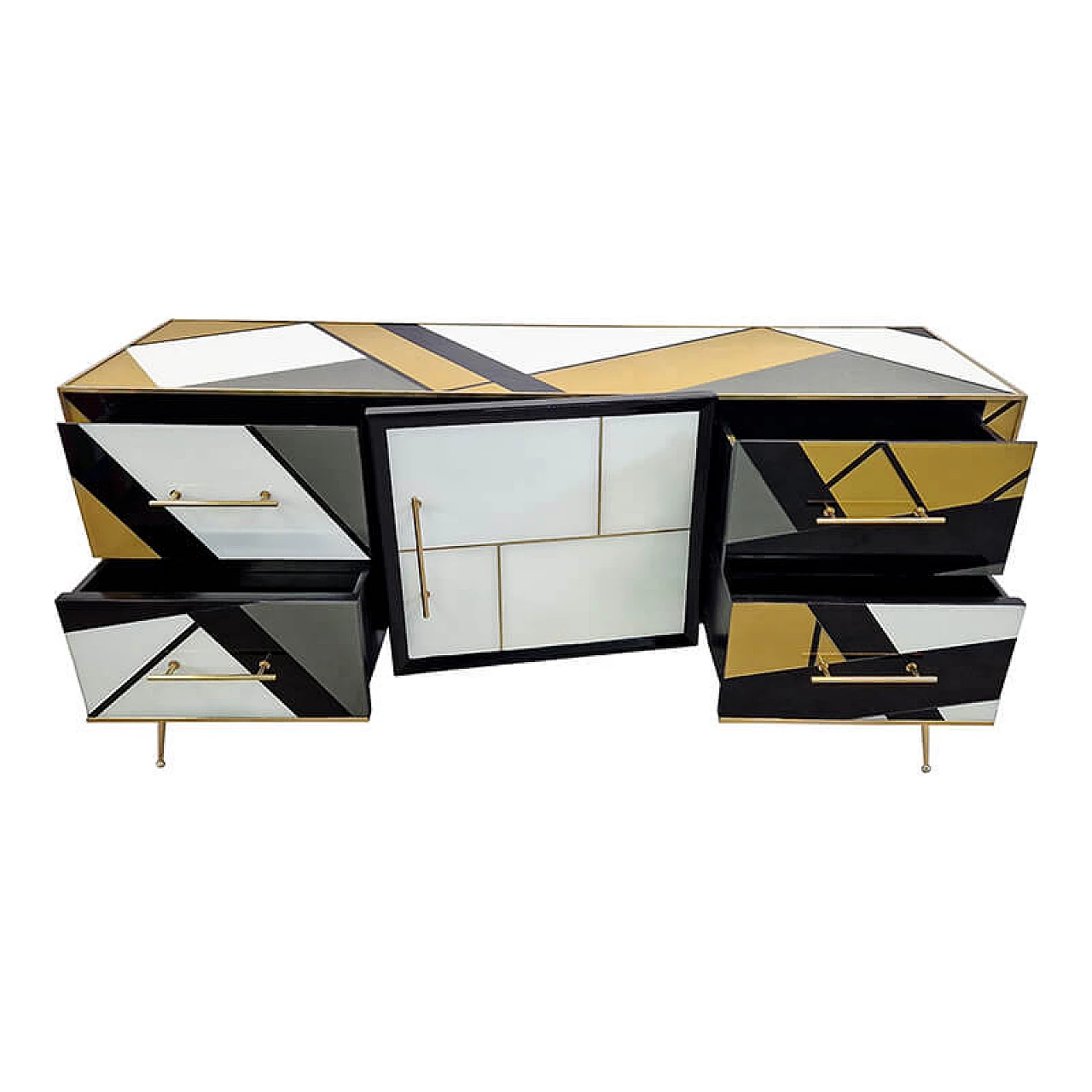 Credenza in legno, ottone e vetro di Murano multicolore, anni '80 8