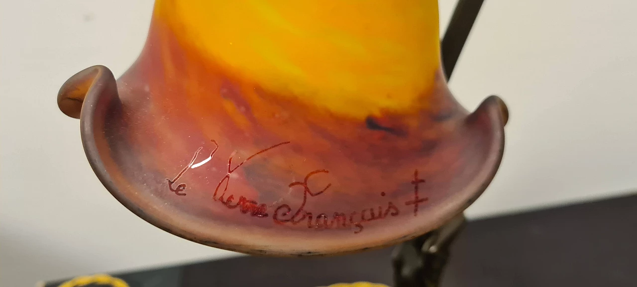 Lampada da tavolo in vetro e bronzo di Le Verre Français, inizio '900 5
