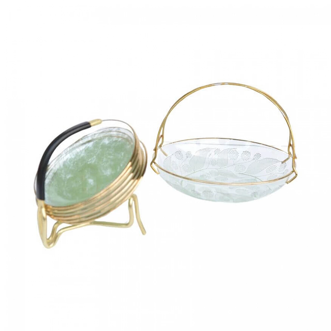 6 Saucers and candy basket in brass and glass, 1960s 6