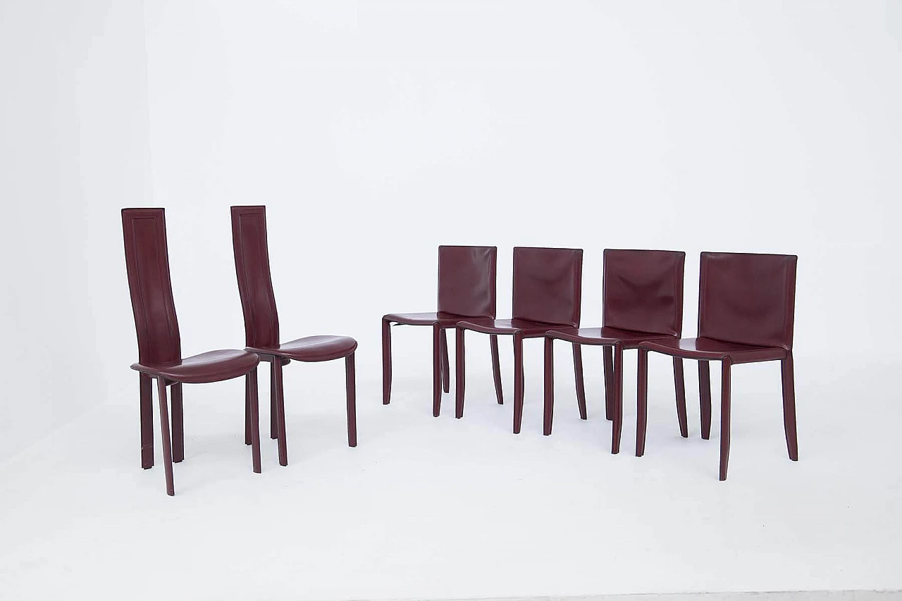6 burgundy leather table chairs with visible stitching for Cattelan Italia, 1980s 1380237