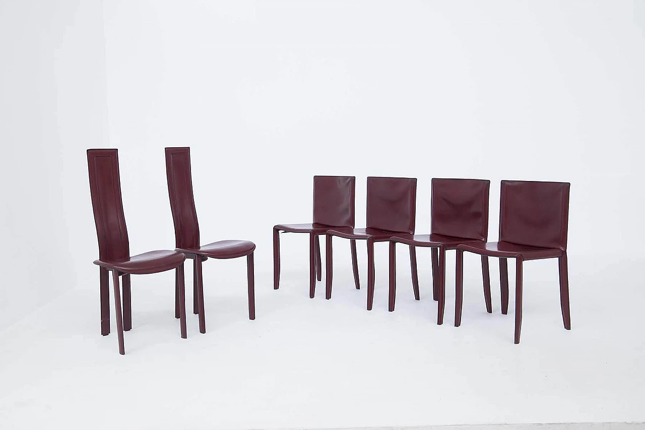 6 sedie da tavolo in pelle bordeaux per Cattelan Italia, anni '80 1380237