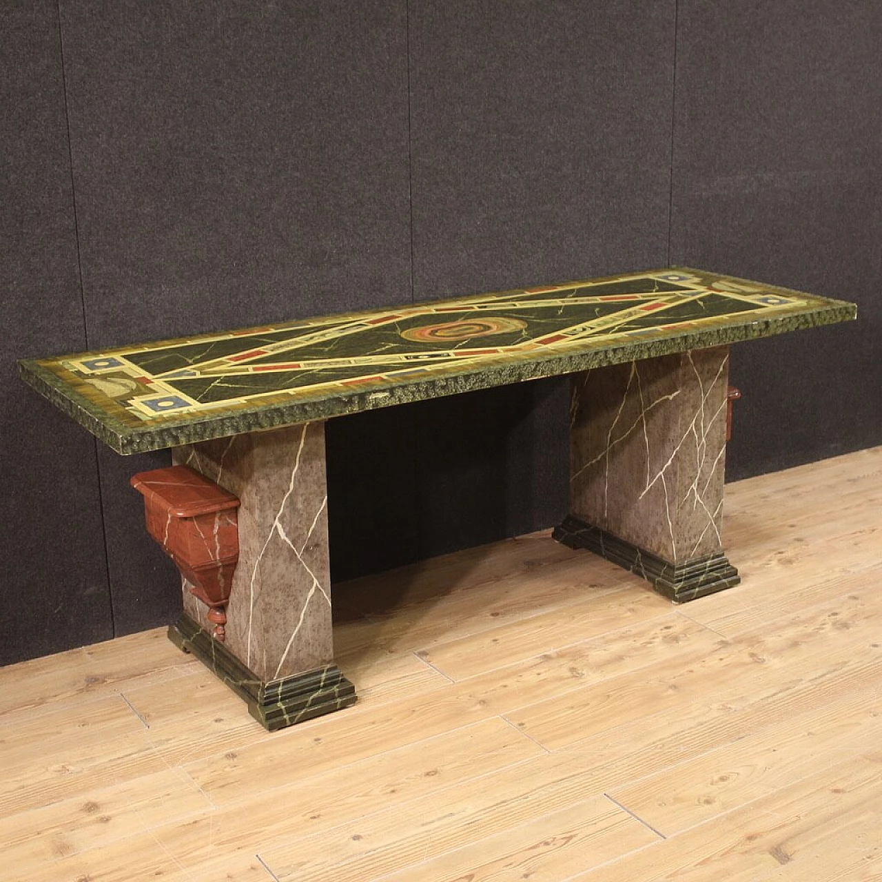 Table with lacquered and hand-painted wooden top, 1970s 10