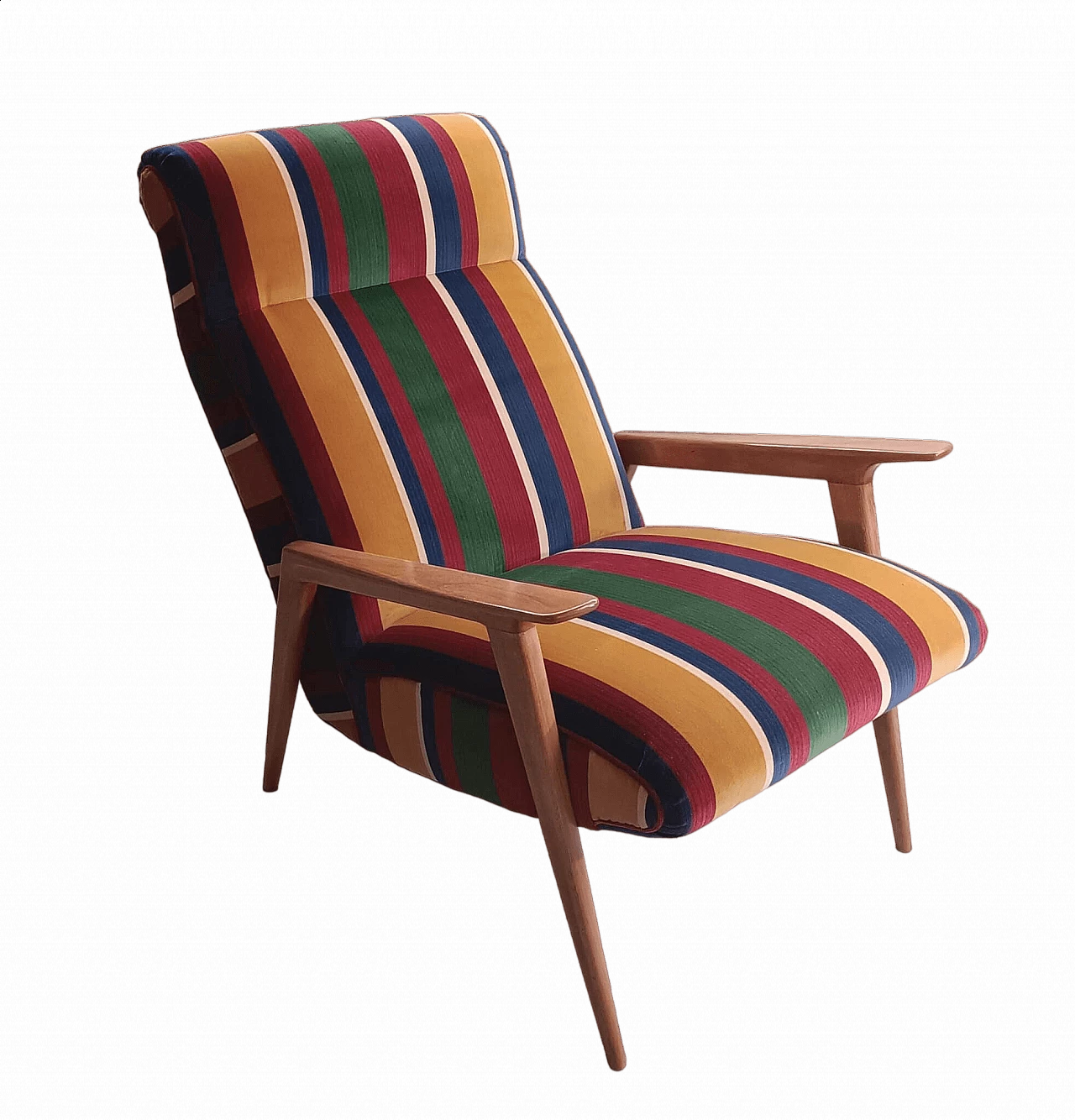 Scandinavian wood and multicolored striped fabric armchair, 1940s 4