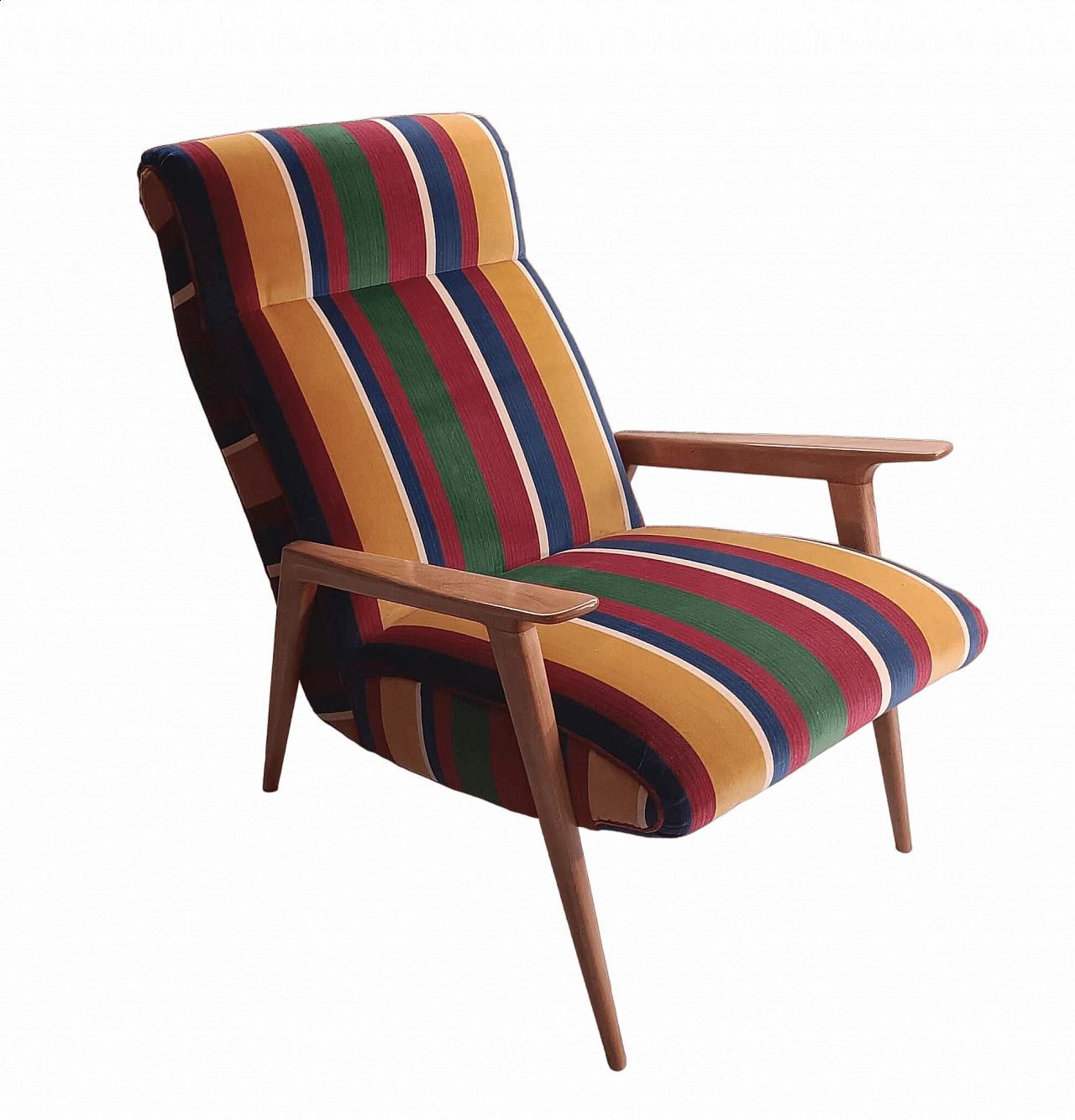 Poltrona scandinava in legno e tessuto a righe multicolore, anni '40 4