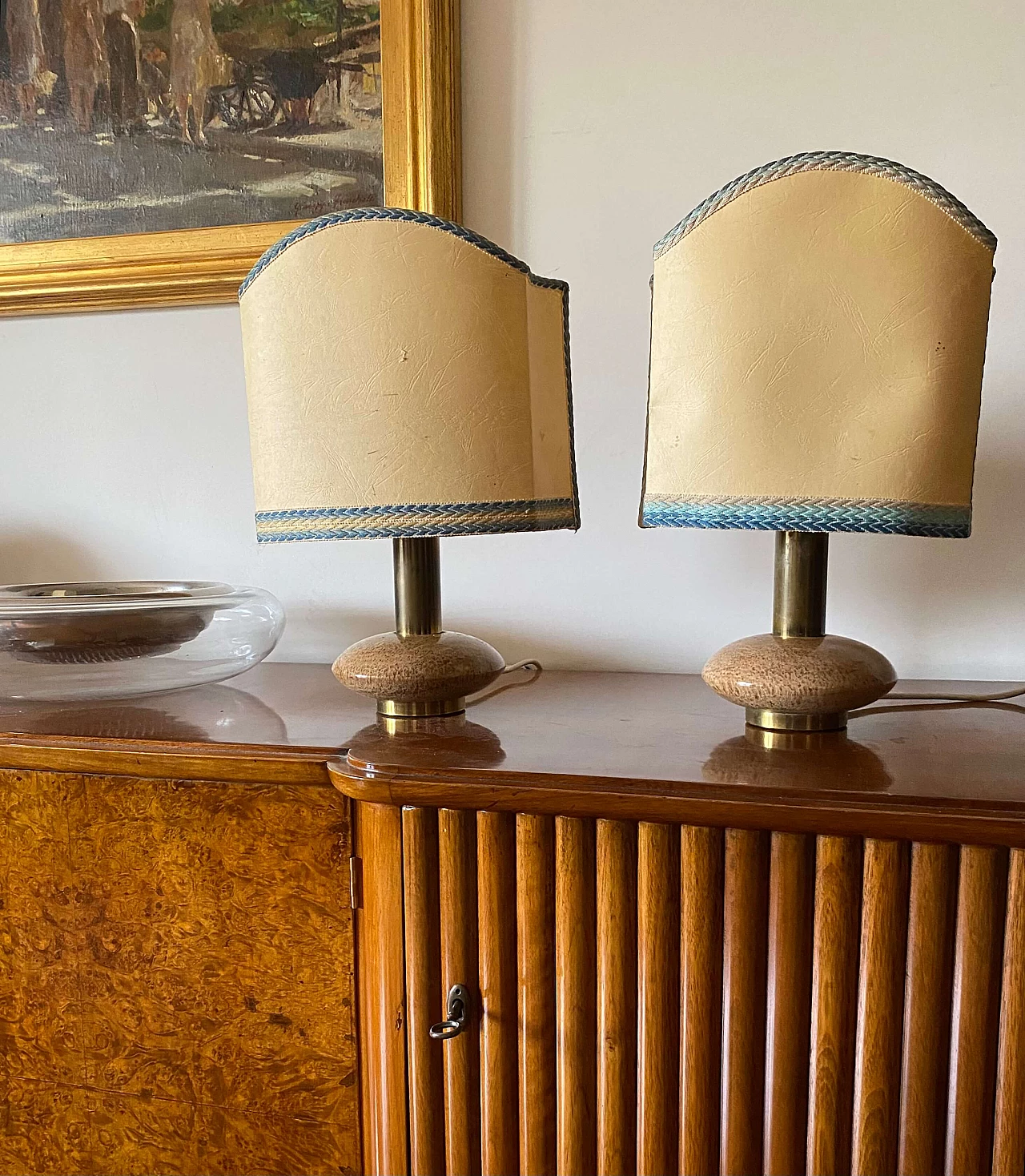 Pair of Hollywood Regency table lamps in pink granite and brass, 1970s 4