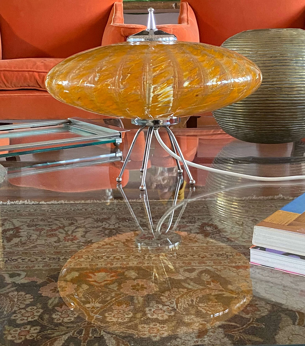 Ufo flying disc table lamp in orange Murano glass, 1970s 3