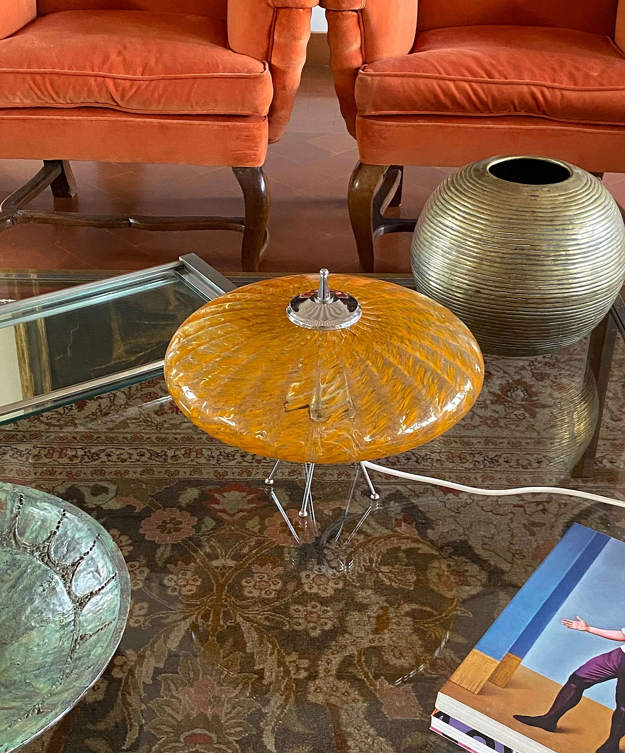 Ufo flying disc table lamp in orange Murano glass, 1970s 4