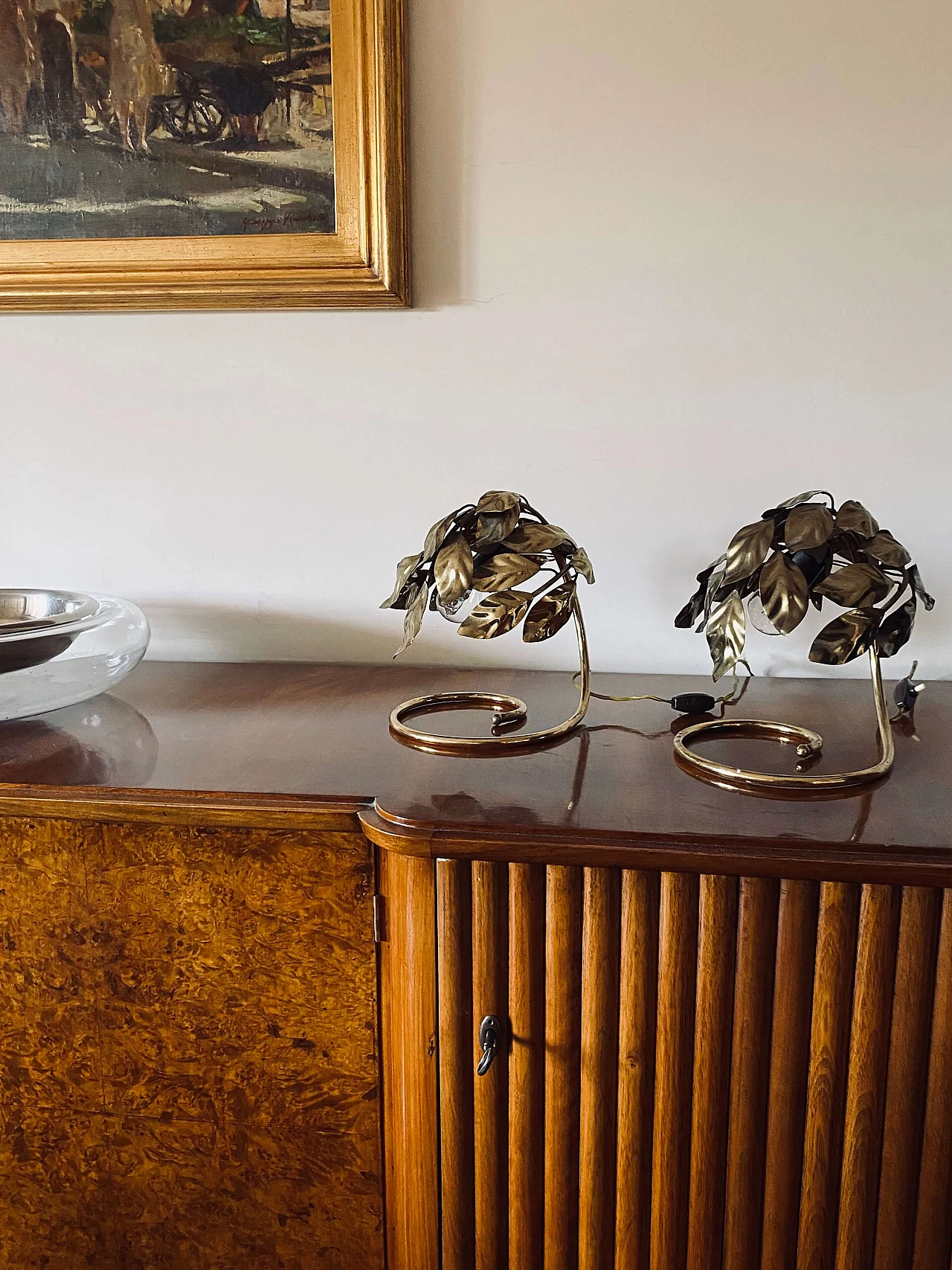 Coppia di lampade da tavolo in ottone con foglie di Bottega Gadda, anni '70 24