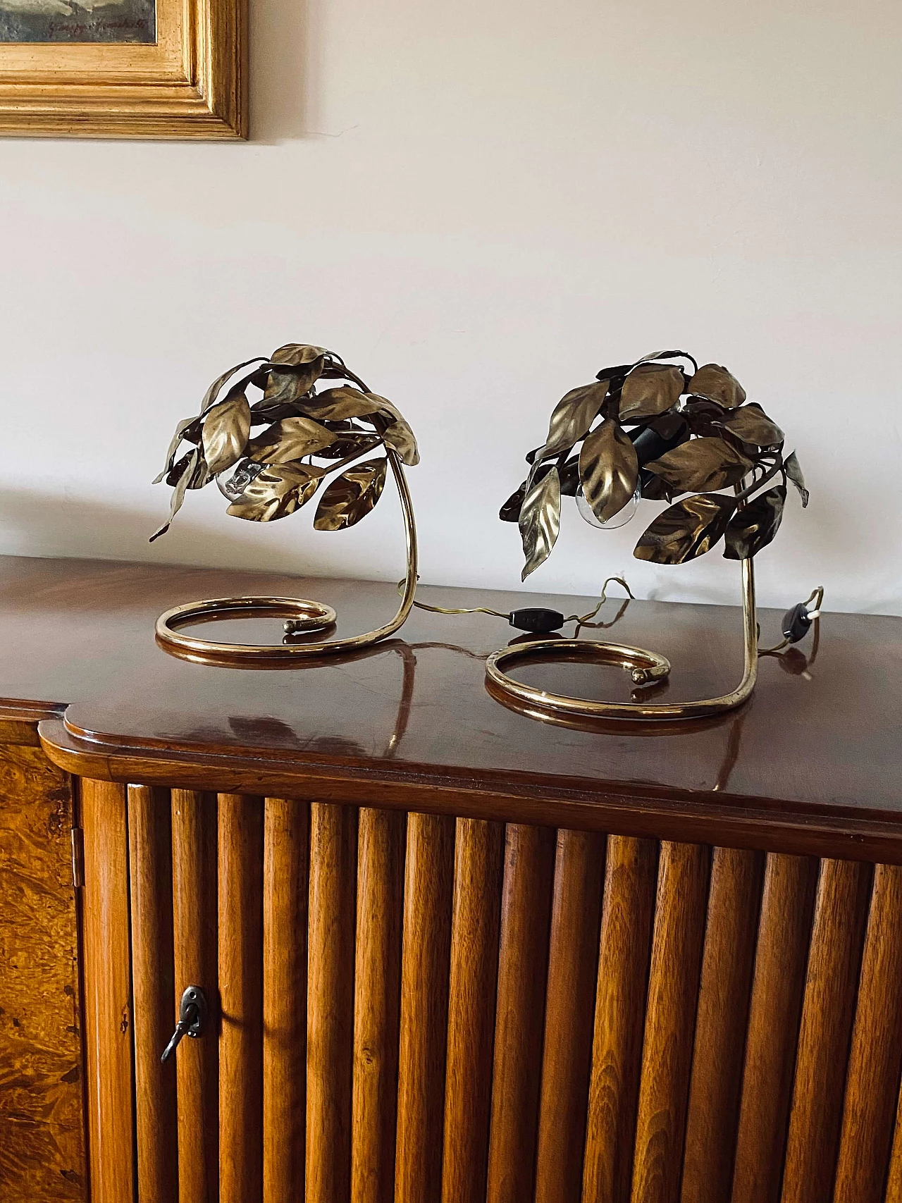 Coppia di lampade da tavolo in ottone con foglie di Bottega Gadda, anni '70 25