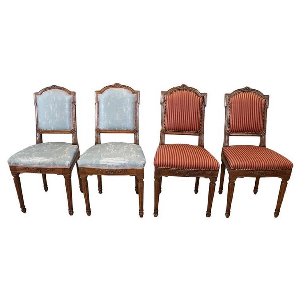 4 Louis XVI chairs in solid walnut and fabric, 18th century 1