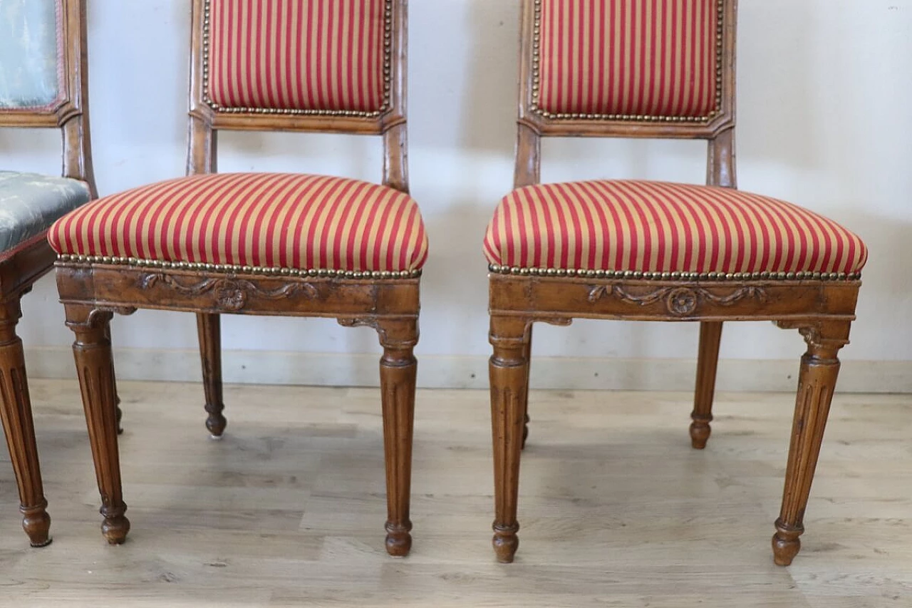 4 Louis XVI chairs in solid walnut and fabric, 18th century 5