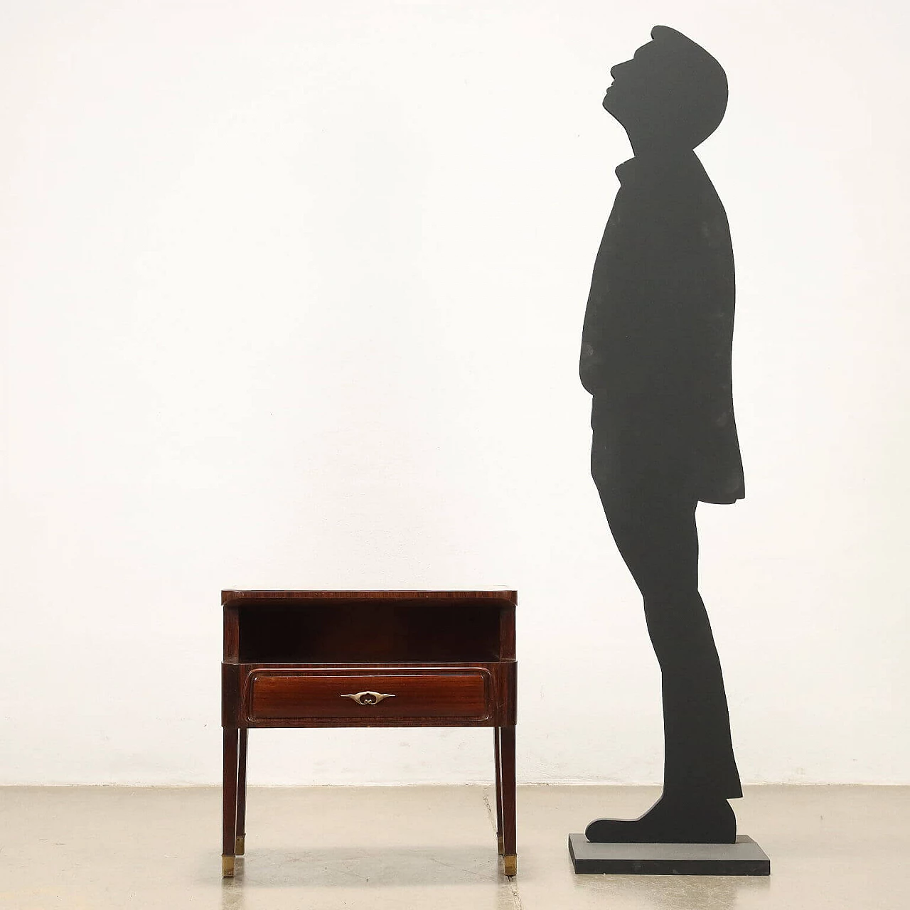 Comodino in legno impiallacciato legno esotico con cassetto e vano a giorno, anni '50 2