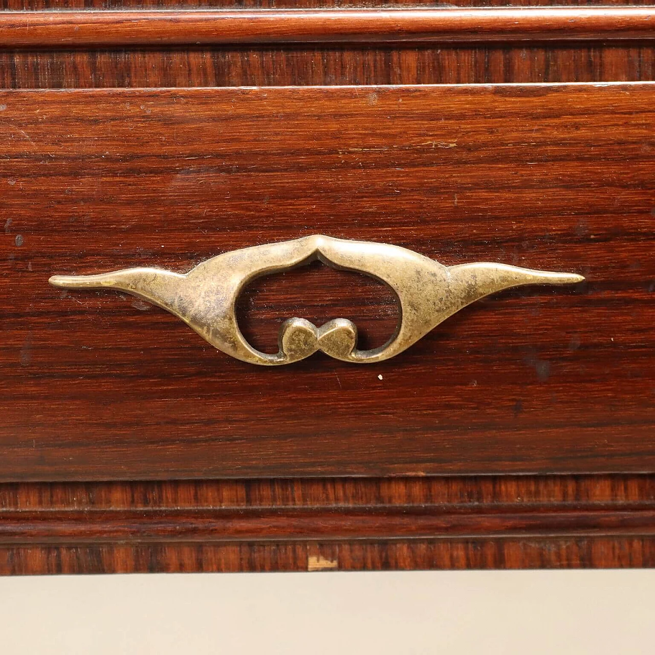 Comodino in legno impiallacciato legno esotico con cassetto e vano a giorno, anni '50 6