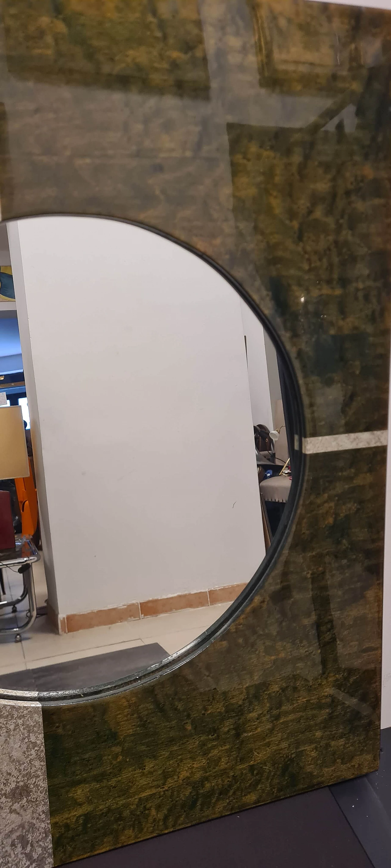 Round mirror with rectangular frame in green lacquered wood, 1970s 6