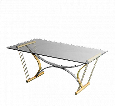 Chromed and gilded metal table with glass top, 1970s