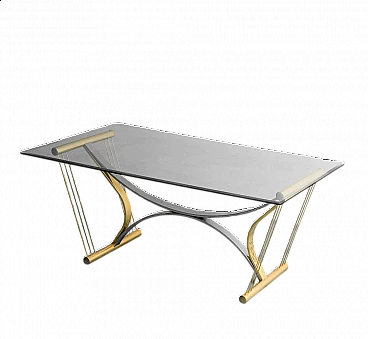 Chromed and gilded metal table with glass top, 1970s