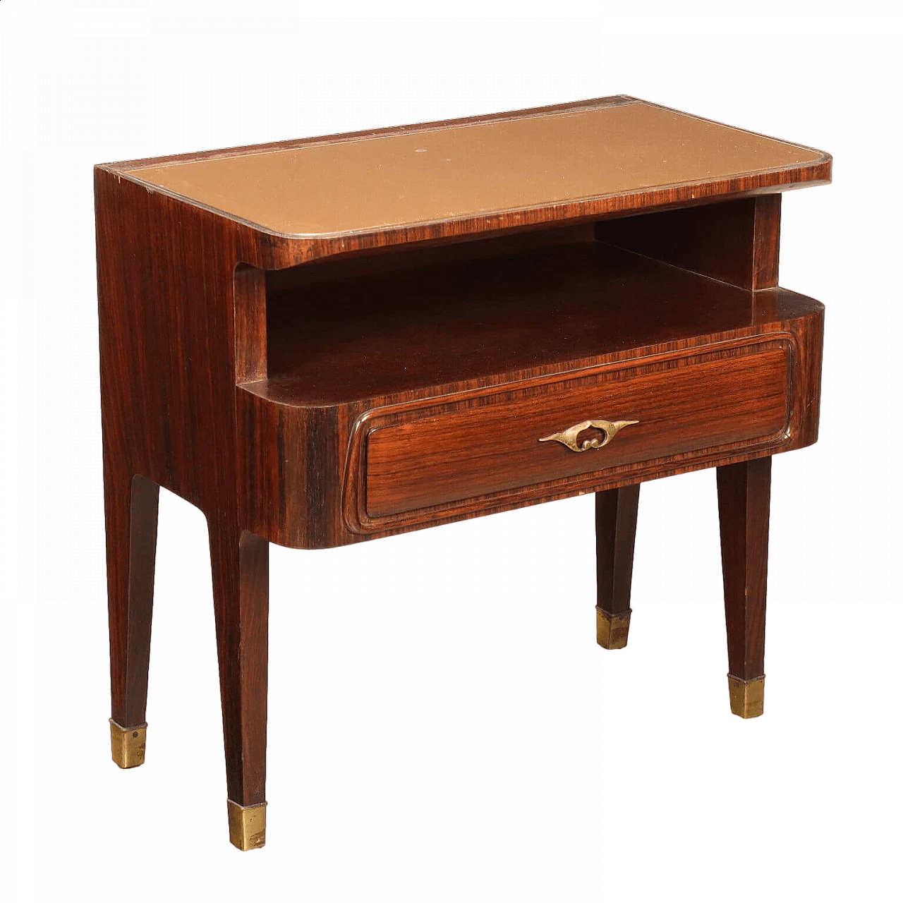 Comodino in legno impiallacciato legno esotico con cassetto e vano a giorno, anni '50 10