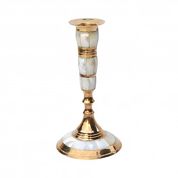Indian brass and mother-of-pearl candlestick, 1970s