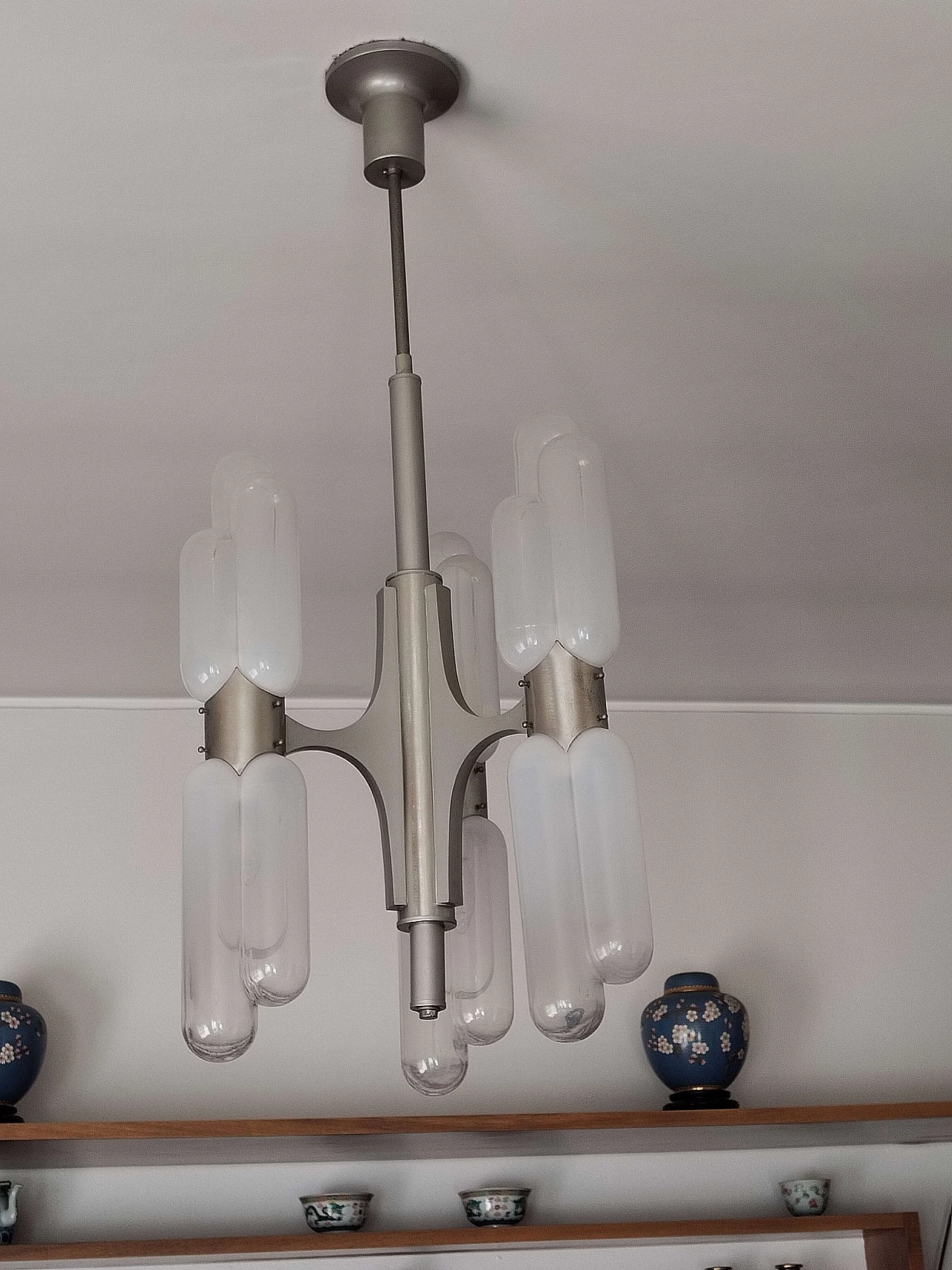 Six-light chandelier in steel and glass by Carlo Nason for Mazzega, 1970s 2