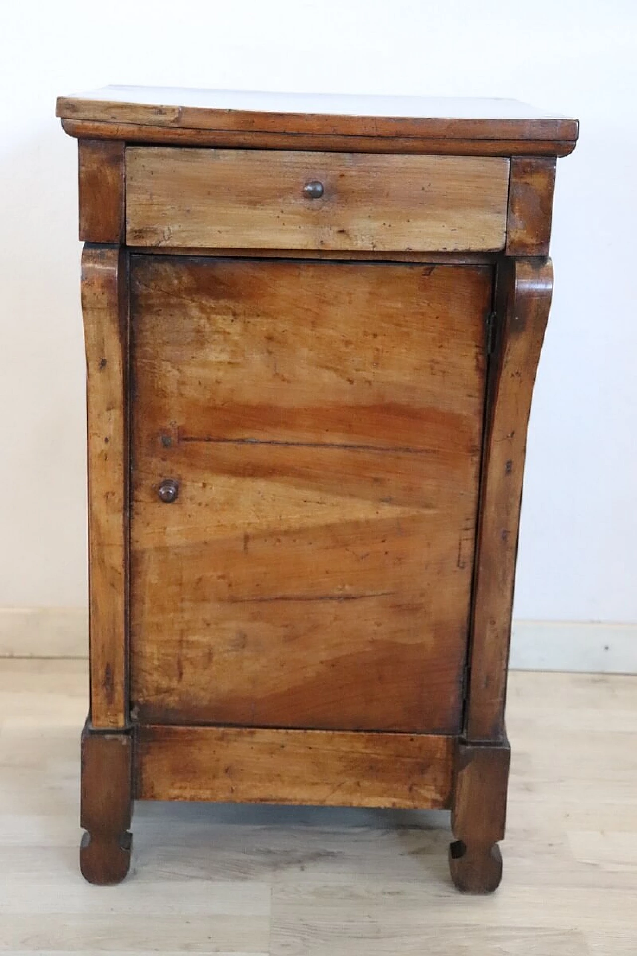 Empire bedside table in solid walnut with decorative braces, early 19th century 2