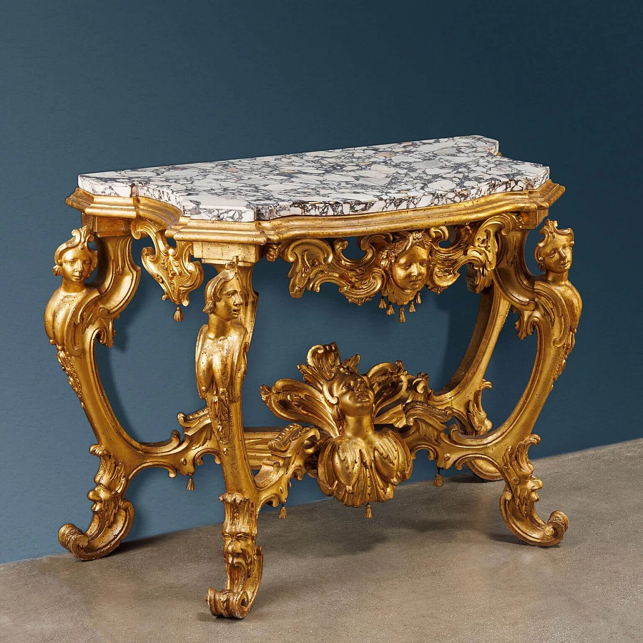 Tuscan carved and gilded wooden console table with medicean breccia top, 18th century 1