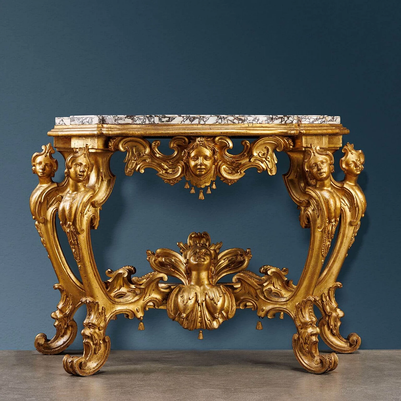 Tuscan carved and gilded wooden console table with medicean breccia top, 18th century 2