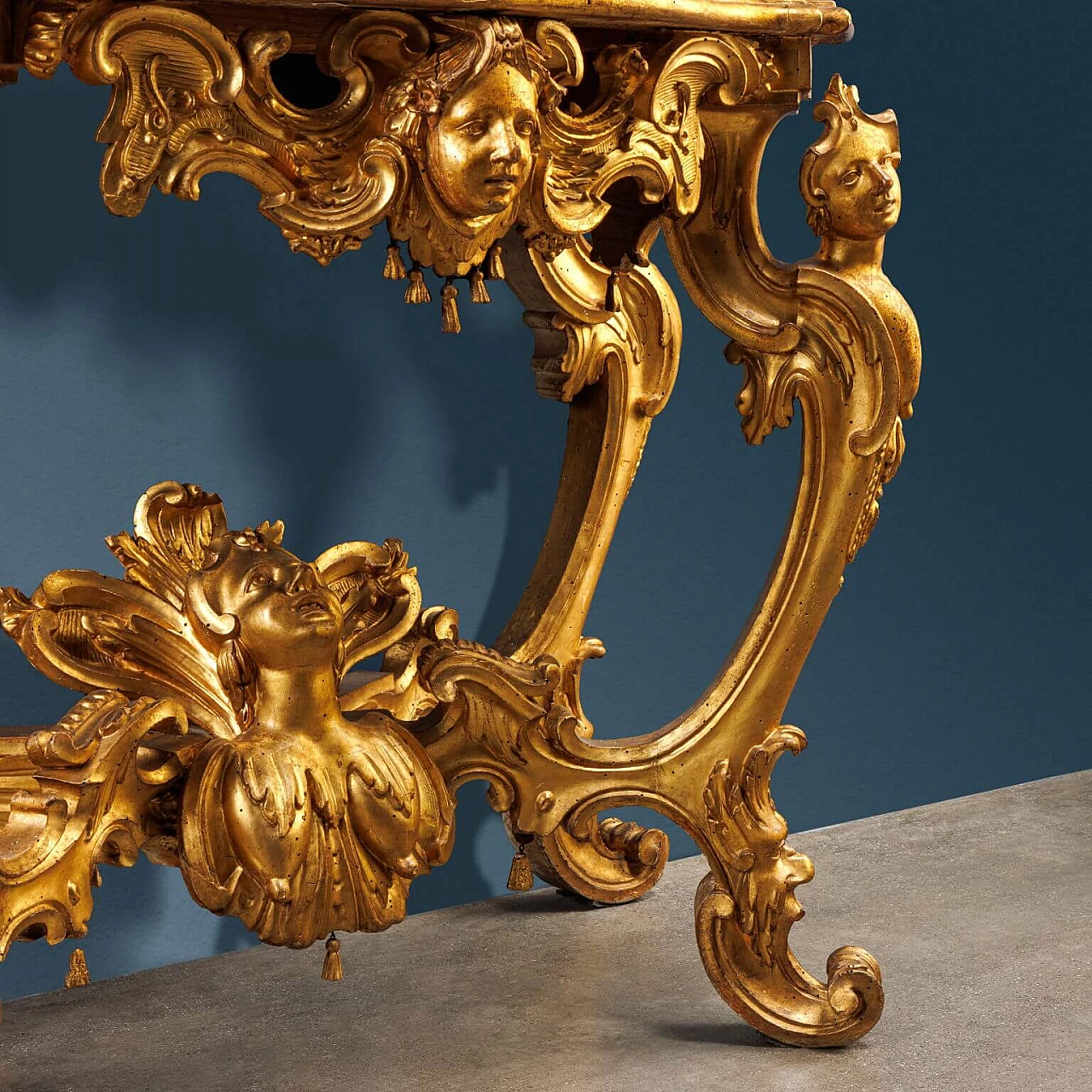 Tuscan carved and gilded wooden console table with medicean breccia top, 18th century 9