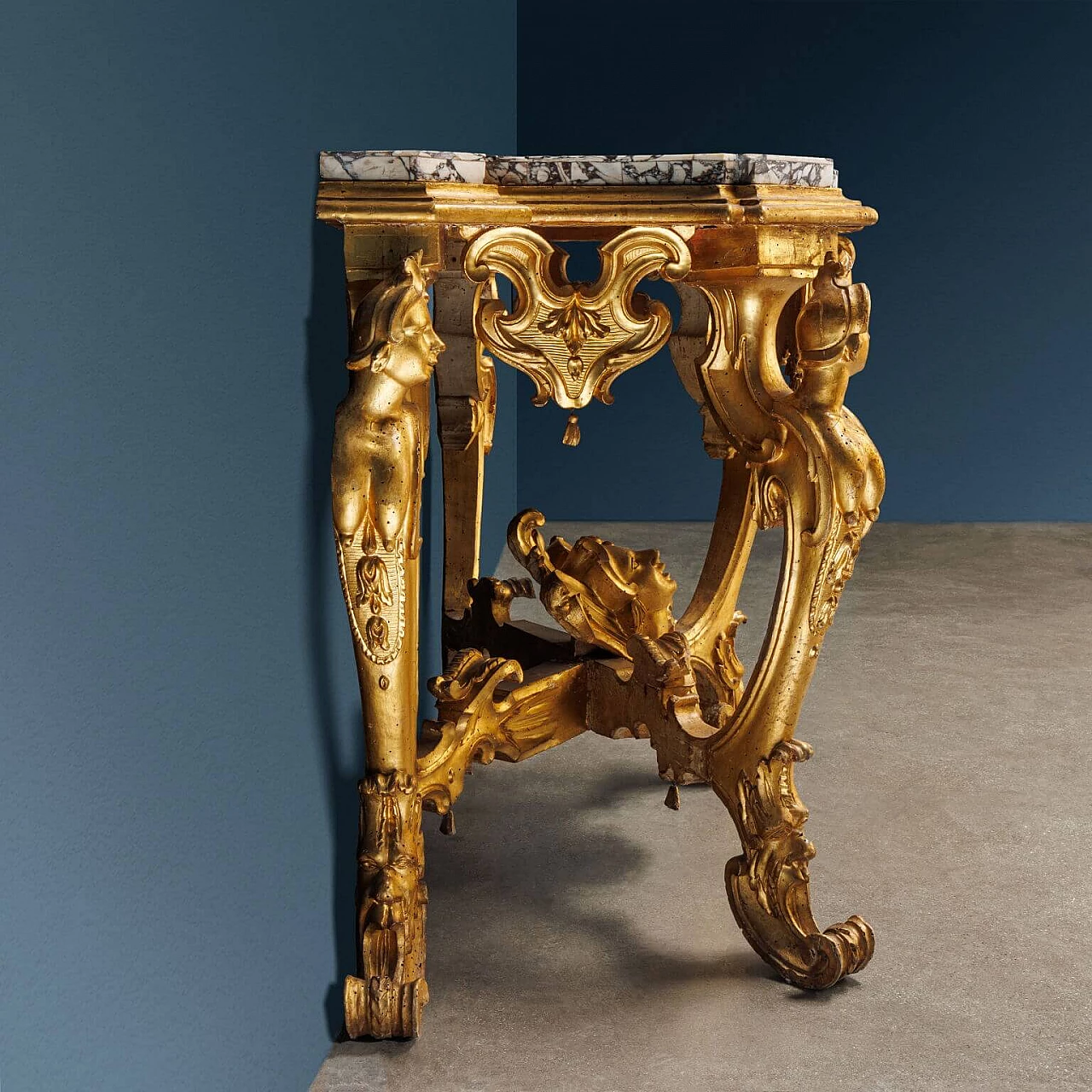 Tuscan carved and gilded wooden console table with medicean breccia top, 18th century 10