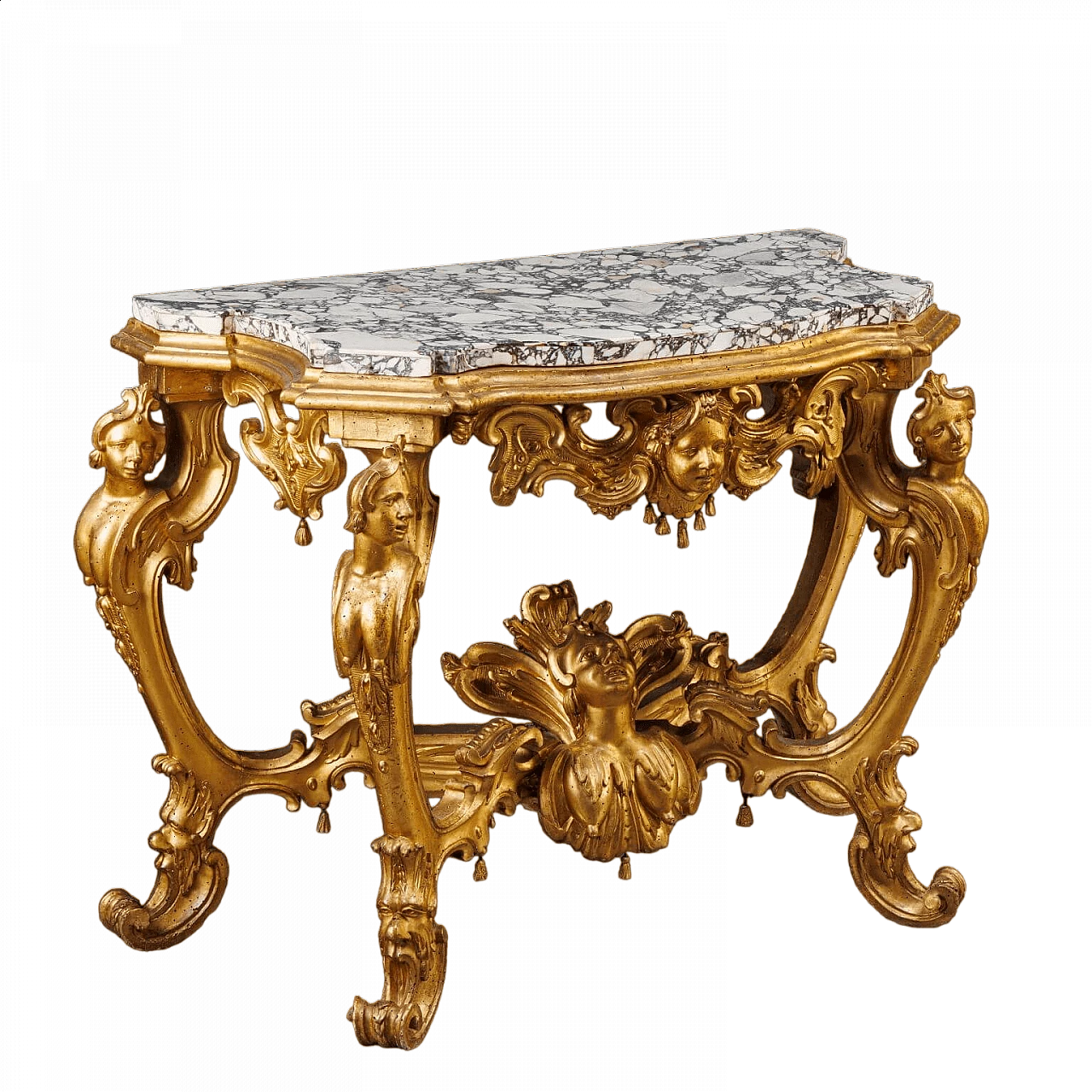 Tuscan carved and gilded wooden console table with medicean breccia top, 18th century 11