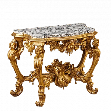 Tuscan carved and gilded wooden console table with medicean breccia top, 18th century