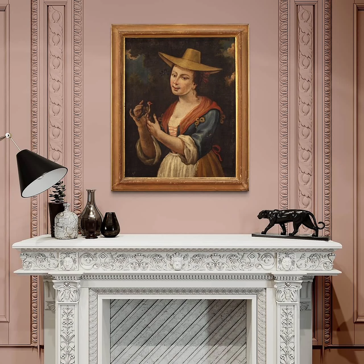 Ritratto di fanciulla con cardellino, dipinto a olio su tela, '700 16