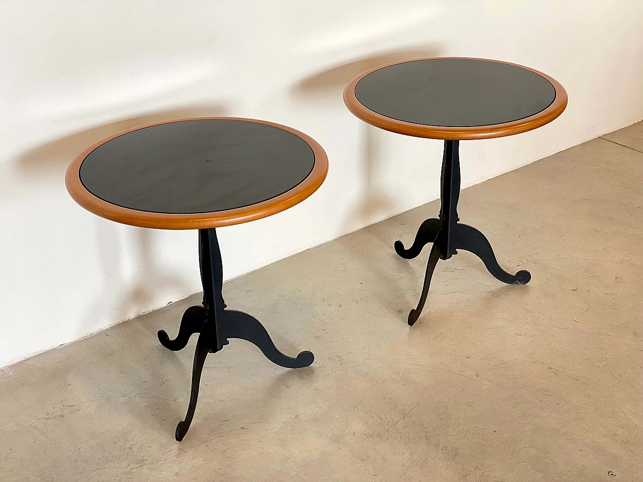 Pair of iron, lacquered wood and teak coffee tables, 1980s 5