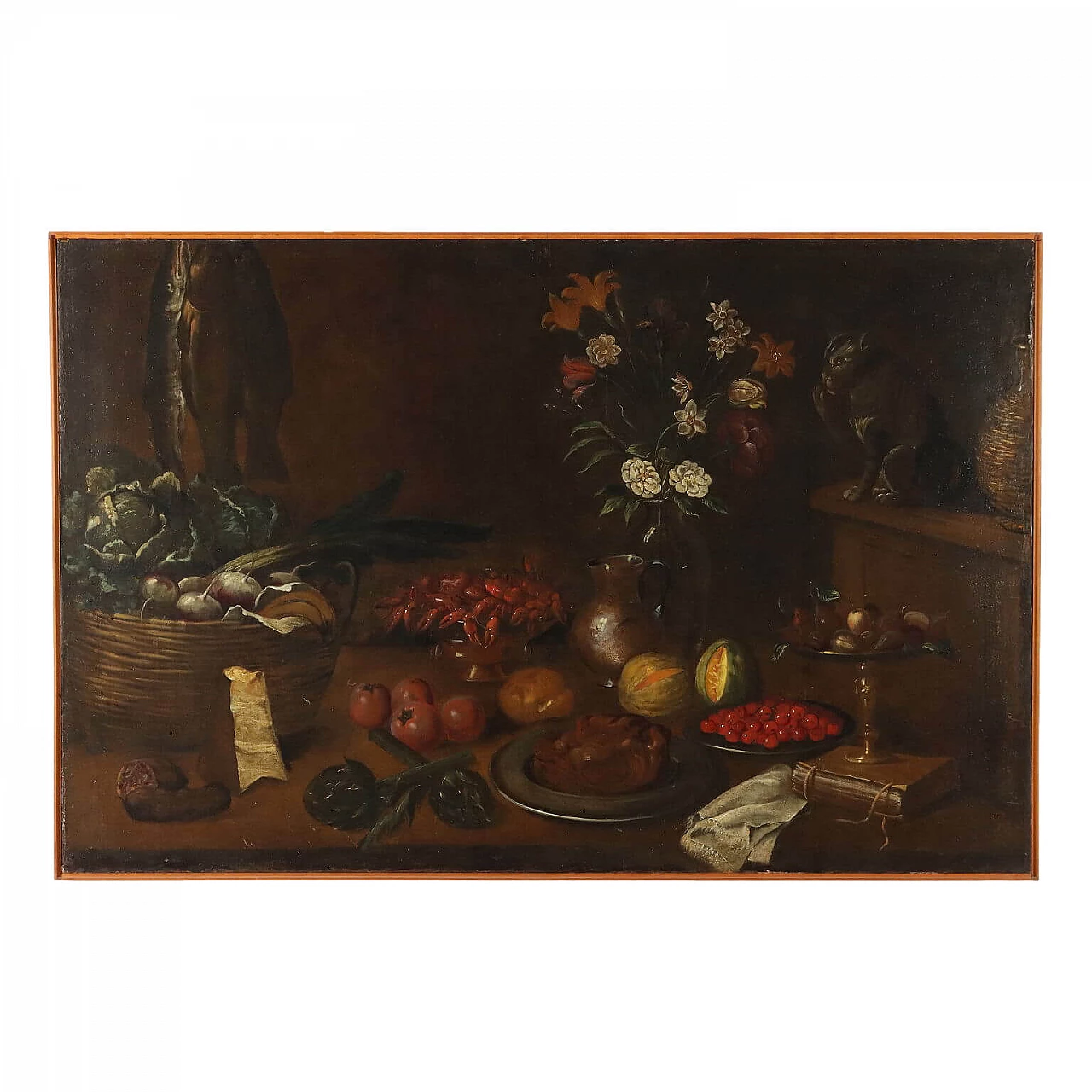Still life with fruit, vegetables and cat, oil on canvas, 17th century 1