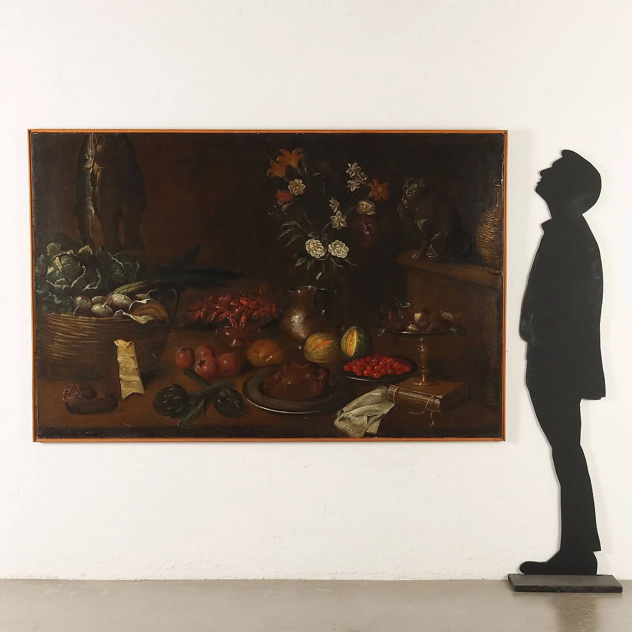Still life with fruit, vegetables and cat, oil on canvas, 17th century 2