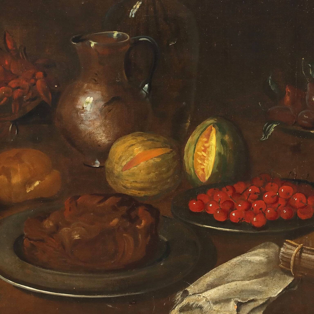 Still life with fruit, vegetables and cat, oil on canvas, 17th century 3