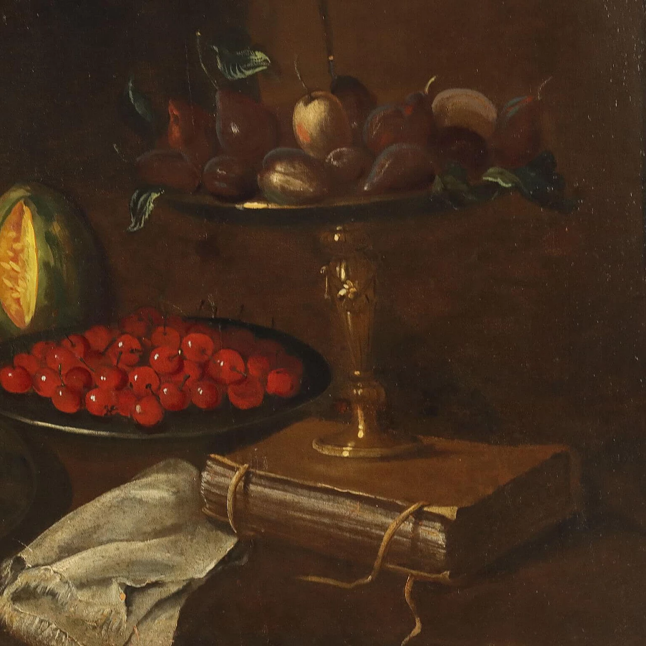 Still life with fruit, vegetables and cat, oil on canvas, 17th century 5